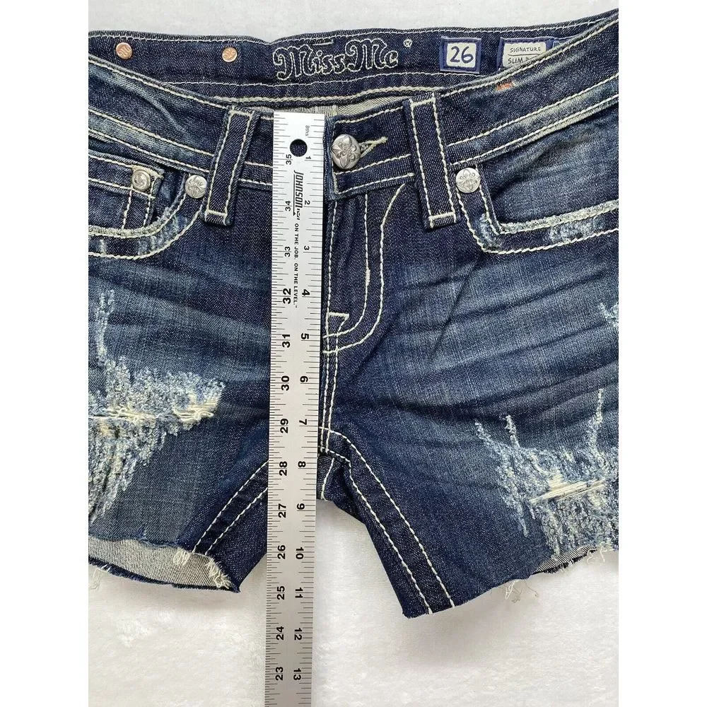 New Miss Me Jeans Womens Size 26 cut‎ off dark blue Denim distressed jorts
